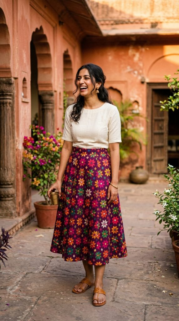 floral a line midi skirt with tshirt