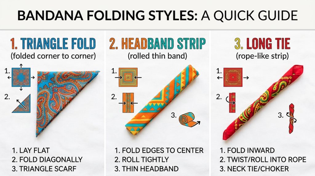 An infographic tutorial demonstrating the three foundational folding styles for bandana hairstyles: the corner-to-corner triangle fold, the rolled headband strip, and the twisted long tie.