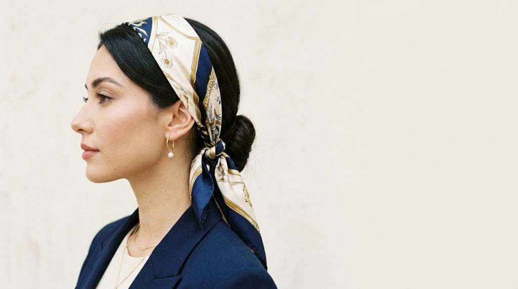 Profile of a woman in a navy blazer styling a silk patterned scarf as a classic bandana hairstyle over a sleek low bun.