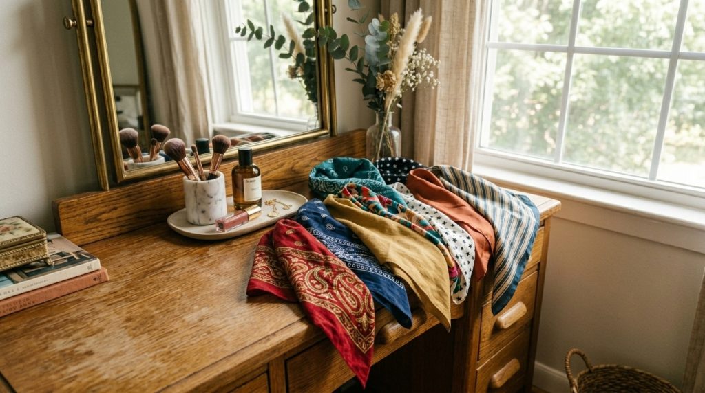 A collection of folded bandanas in various colors, classic paisley prints, and stripes laid out on a wooden dressing table near a window, ready for styling hair.