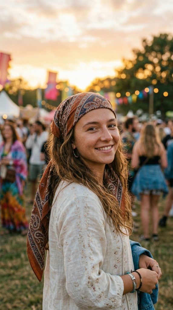 Woman at an outdoor sunset festival wearing a rusty brown paisley bandana tied as an open triangle over her long wavy hair for a relaxed bohemian look.
