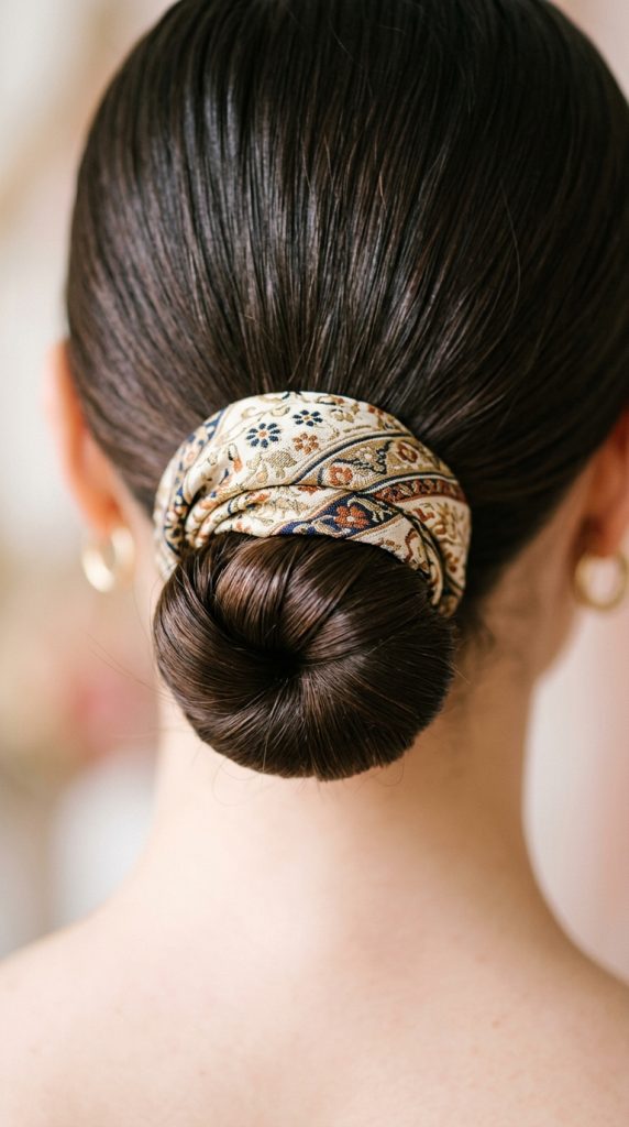 Close-up back view of a sleek, dark low bun elegantly wrapped with a neutral cream and navy patterned bandana strip.