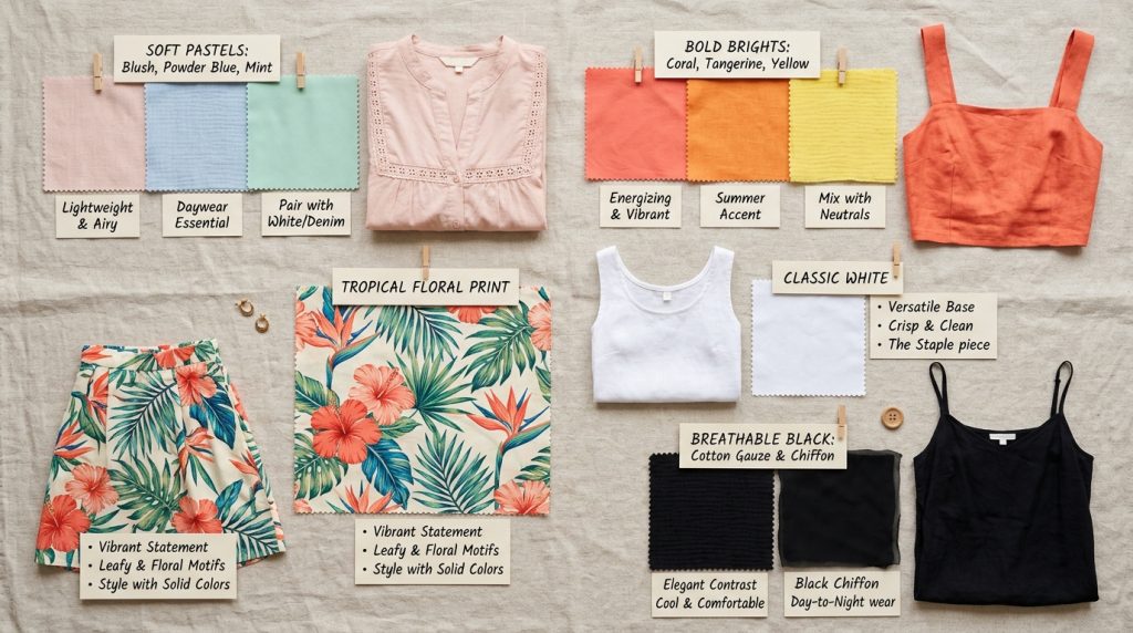 A 2026 summer party fashion mood board displaying fabric swatches and garments categorized by trending styles: soft pastels, bold brights, tropical floral prints, classic white, and breathable black.