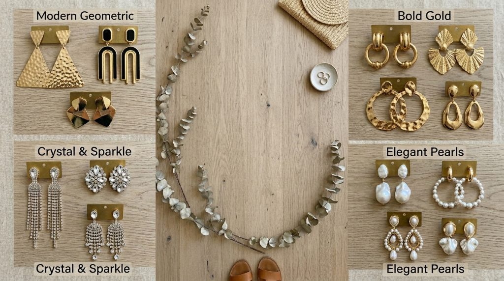 A flatlay collection of statement earrings arranged on a wooden surface with a sprig of dried eucalyptus, showcasing four styles: modern geometric shapes, bold textured gold hoops, crystal chandelier drops, and elegant pearl designs.
