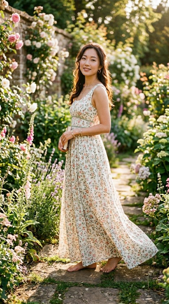 Smiling woman standing barefoot on a stone path in a blooming flower garden wearing a light-colored, sleeveless floral print maxi dress
