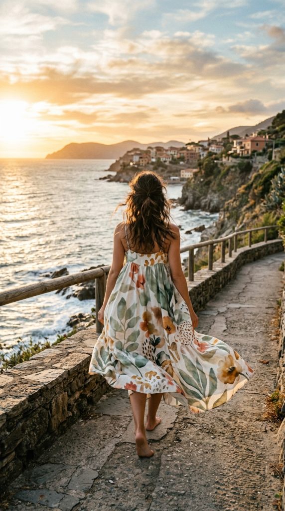 Woman seen from behind walking barefoot along a coastal stone path at sunset, wearing a flowy sundress with a large botanical leaf and flower print