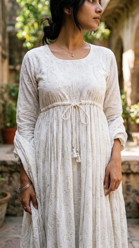 Woman wearing a white embroidered long-sleeve maxi dress with a drawstring waist and tassels, standing in a rustic stone courtyard.