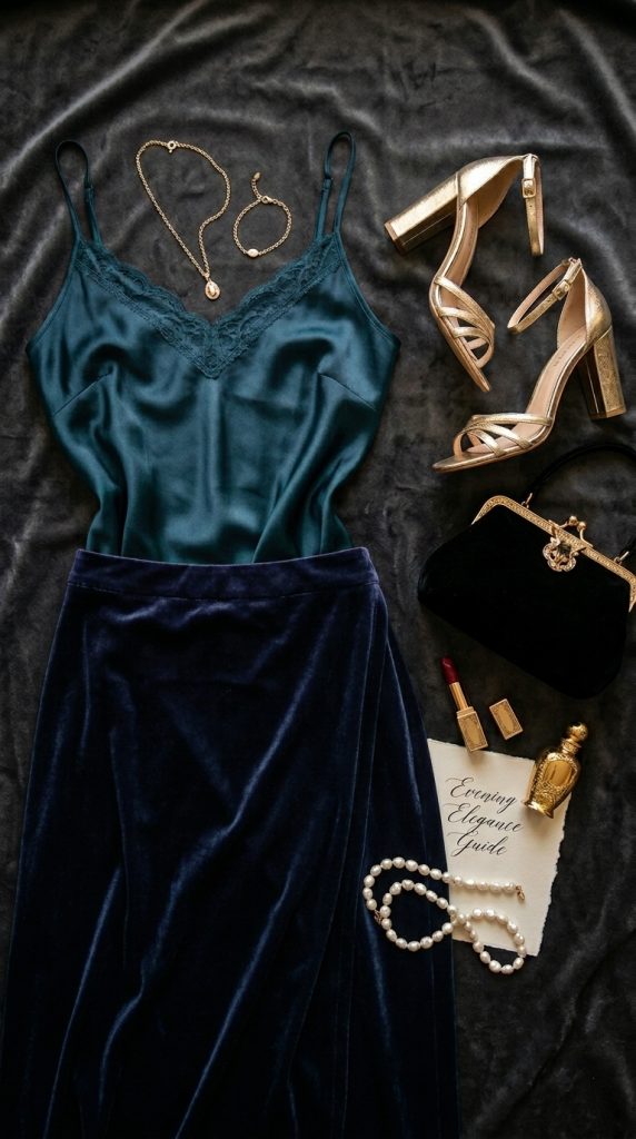 Flatlay of an elegant evening outfit featuring an emerald green lace-trim satin camisole, navy blue velvet skirt, gold strappy heels, and a black velvet clutch.