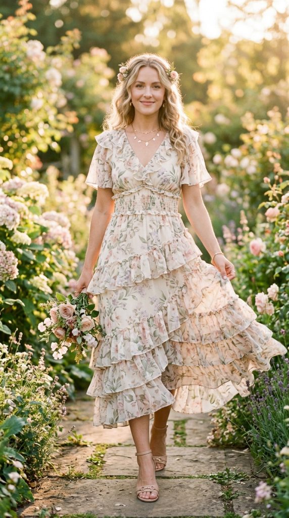 Woman walking through a blooming rose garden at golden hour wearing a romantic tiered ruffle floral midi dress and a flower crown.