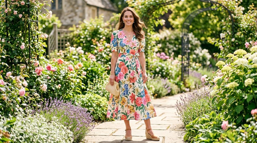Woman standing in a blooming garden wearing a polished white midi dress featuring vibrant pink and blue floral prints, styled with tan wedge espadrilles and a woven clutch.