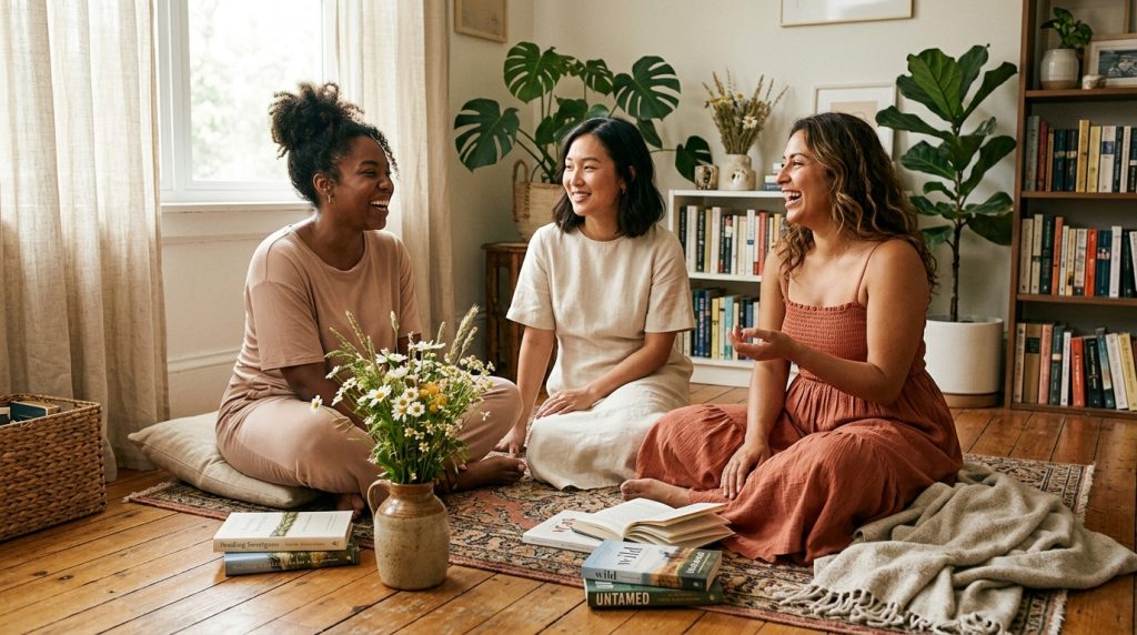 Three diverse friends sitting on a living room rug laughing and chatting. They are wearing loose, comfortable clothing perfect for PMOS relief, including a beige lounge set, a breathable cream dress, and a rust-colored flowy smocked dress, surrounded by books and houseplants