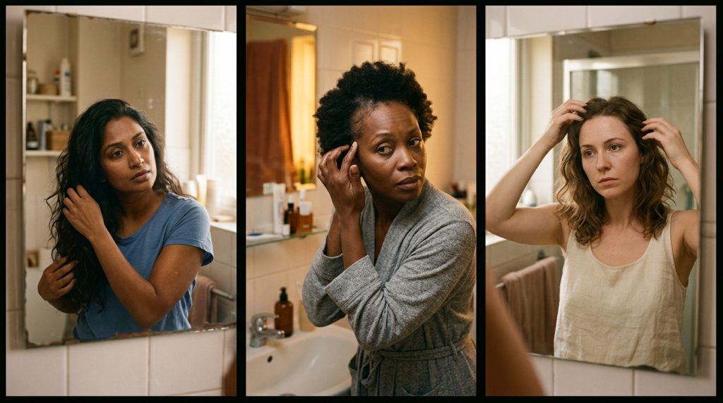 A three-panel collage of diverse women looking into bathroom mirrors with concerned expressions while examining their hair. The image illustrates common PMOS-related hair struggles, such as thinning, hair loss, and sudden texture changes