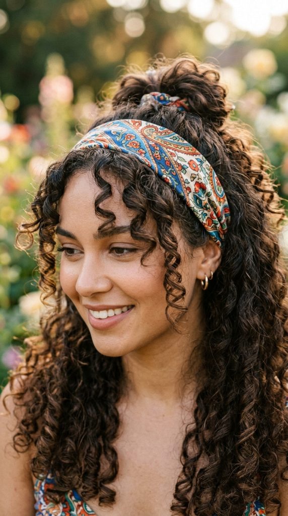 Smiling woman in a garden wearing a blue and orange patterned bandana headband over a curly half-up, half-down hairstyle, leaving face-framing ringlets loose at the front.