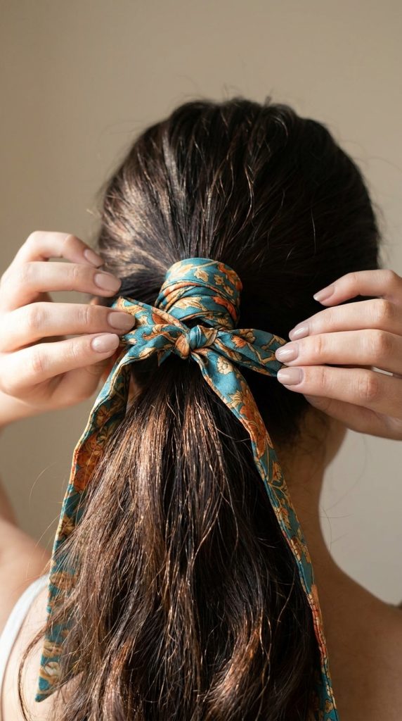 Close-up back view of a woman tying a teal and orange patterned bandana into a delicate bow around the base of her dark ponytail.