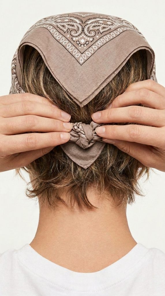 Close-up of the back of a woman's head demonstrating a retro bandana hairstyle, tying a brown paisley bandana into a pin-up knot over short hair.