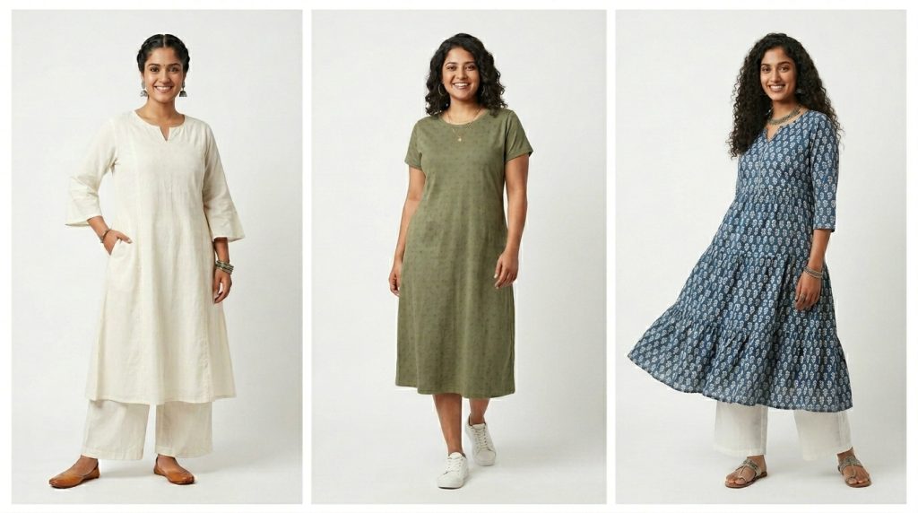 A three-panel collage showcasing comfortable women's outfit ideas for PMOS bloating relief. From left to right: a cream long-sleeve tunic with matching wide-leg pants; a loose, short-sleeve olive-green midi dress; and a flowy, tiered blue block-print tunic worn over white wide-leg trousers. All outfits feature non-restrictive, breathable silhouettes