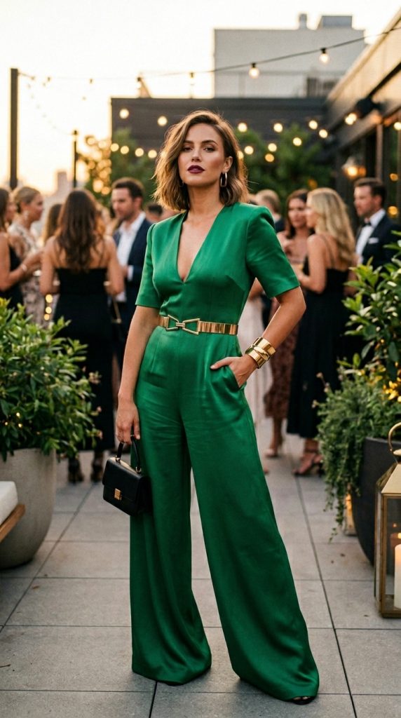 Woman posing at a summer evening event wearing a polished emerald green wide-leg jumpsuit styled with a gold statement belt.