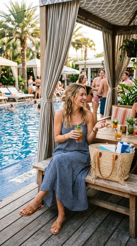 Woman relaxing in a poolside cabana wearing a lightweight blue gingham maxi dress and flat brown sandals, sitting next to a woven straw tote bag.
