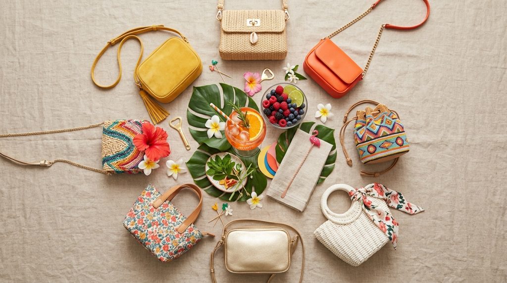 A vibrant flatlay of small summer crossbody bags and clutches in woven straw, colorful leather, and floral prints, arranged around a tropical spritz cocktail, monstera leaves, and fresh berries on a neutral linen surface.