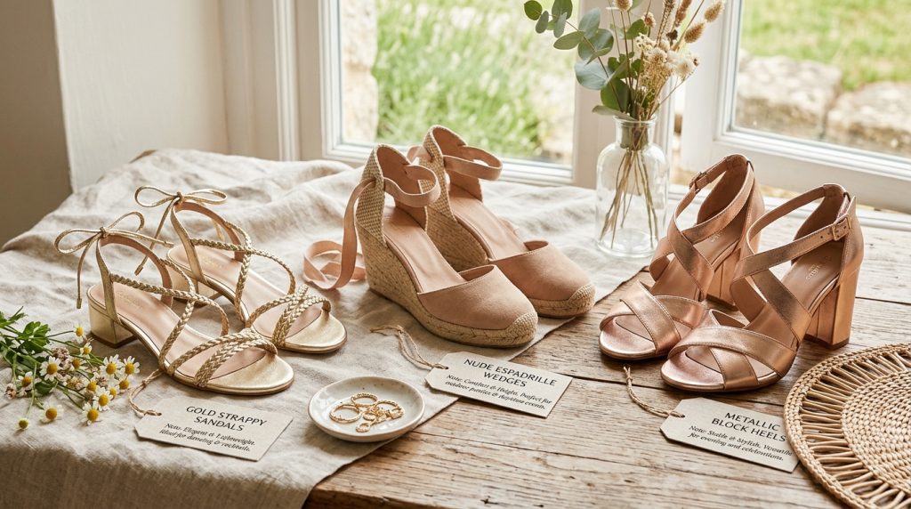A flatlay of three summer party shoe options displayed on a linen cloth by a bright window, featuring gold strappy low-heel sandals, nude espadrille wedges, and metallic rose gold block heels.