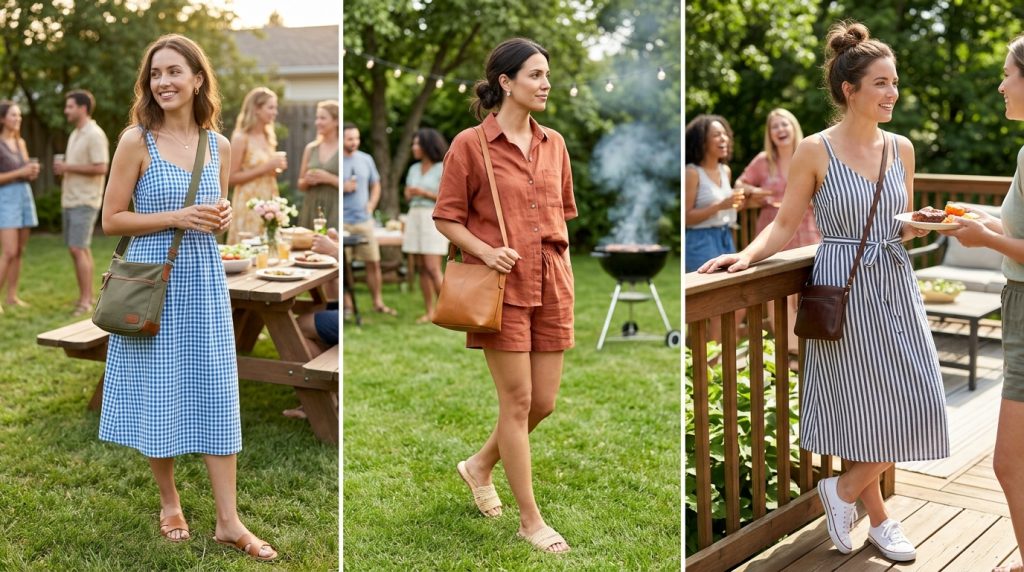 Three casual summer outfit ideas for a backyard BBQ, featuring a blue and white gingham midi dress, a rust orange linen shorts-and-shirt set, and a striped midi dress with white sneakers.