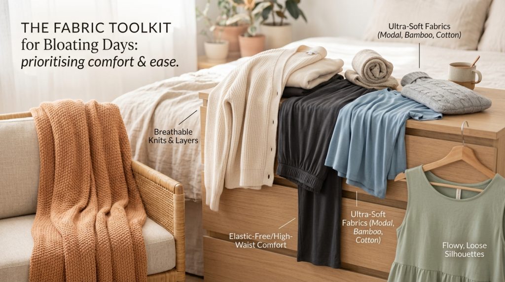 A cozy bedroom setup displaying a "Fabric Toolkit for Bloating Days" designed for PMOS comfort. The layout includes a soft beige knit cardigan, elastic-free dark lounge pants, breathable bamboo and cotton shirts, a flowy green tank top, and a grey hot water bottle resting on a wooden dresser
