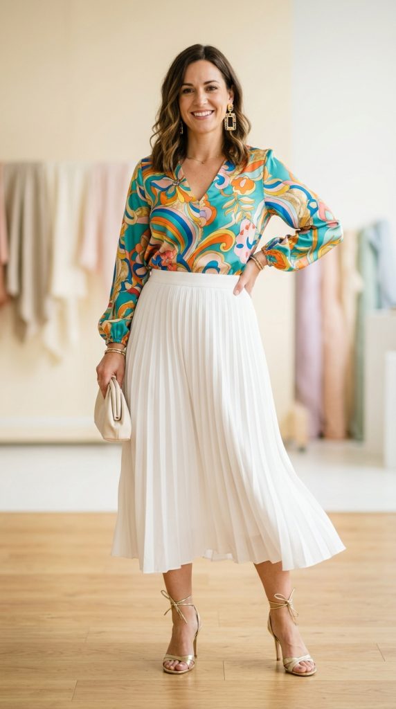 Woman styling a crisp white pleated midi skirt tucked into a colorful retro-print long-sleeve going-out top.