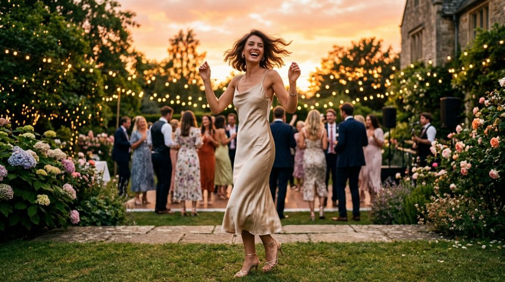 Summer Party Outfits for Women; Woman smiling and dancing at an outdoor evening summer party wearing a champagne silk slip midi dress under string lights.