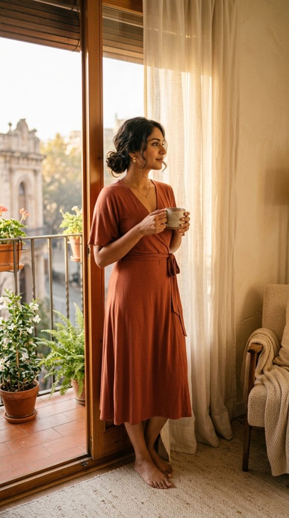 Woman looking out a sunlit balcony holding a warm mug, wearing a comfortable, breathable warm terracotta wrap dress designed to gently boost energy on foggy PMOS days
