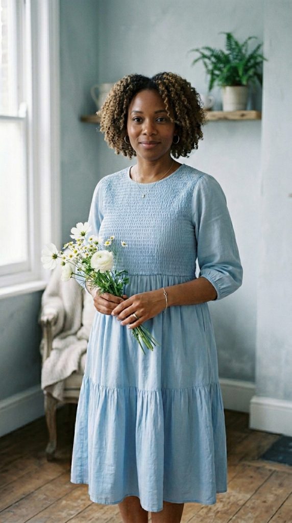 Woman holding white daisies in a sunlit room, wearing a soft sky blue smocked midi dress, demonstrating how cooling colors can soothe irritability associated with PMOS