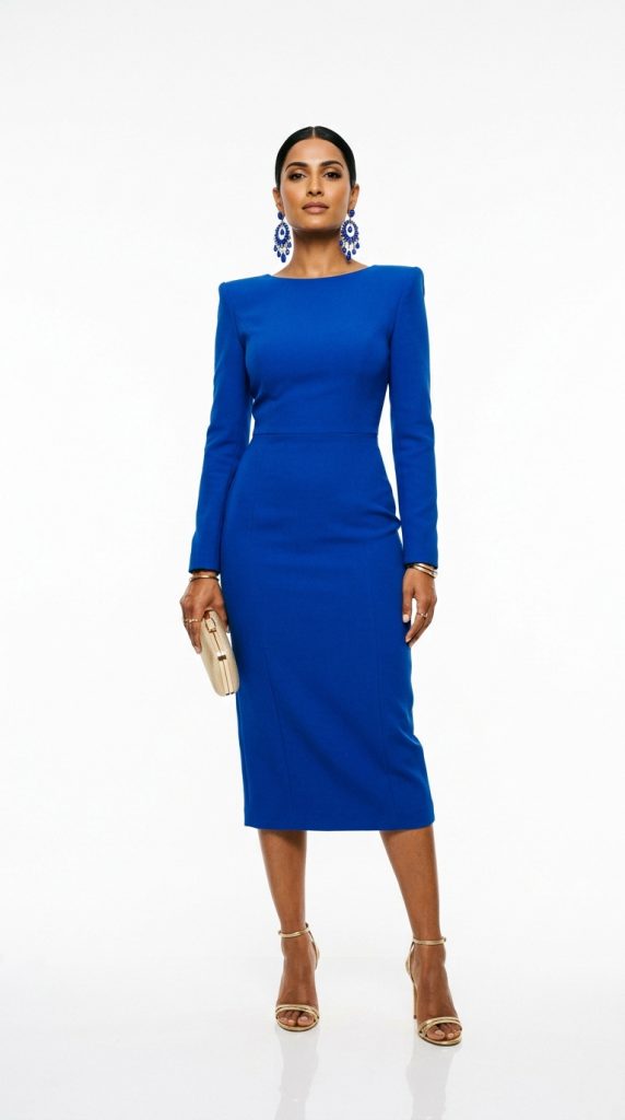 Woman standing confidently in a sleek, structured cobalt blue long-sleeve midi dress with prominent shoulder details and statement earrings, embodying a high-energy style for a rare good day with PMOS