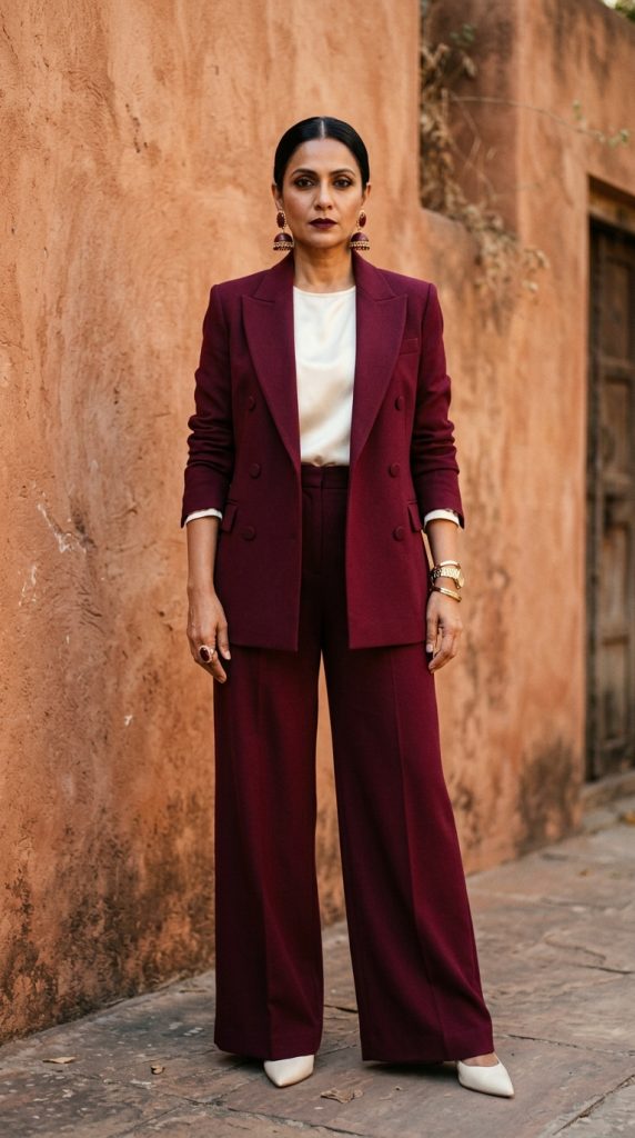 Woman modeling a sophisticated, tailored burgundy double-breasted blazer and matching wide-leg trousers over a cream satin blouse, showcasing powerful professional style on an energetic PMOS day