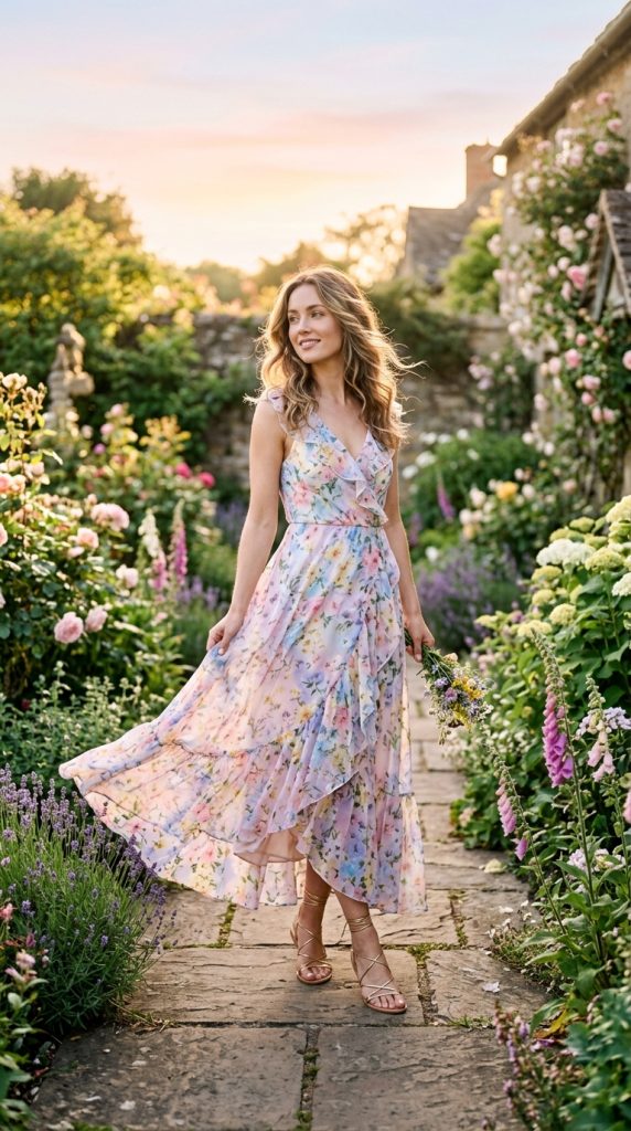 Woman walking through a sunny garden path wearing a pastel floral flowy maxi dress with a ruffled hem and strappy sandals