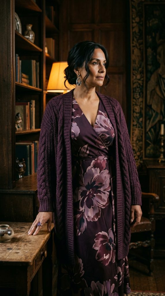 Woman standing thoughtfully in a library wearing a sophisticated deep plum floral wrap dress layered under a chunky plum knit cardigan, illustrating how deep colors match an inward, quiet PMOS mood.