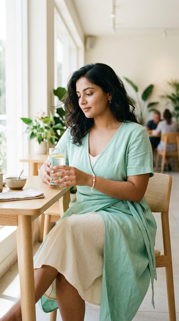 Woman sitting quietly in a cafe with a glass of water, wearing a soothing mint green wrap dress layered over a cream slip, using color therapy to alleviate PMOS inflammation