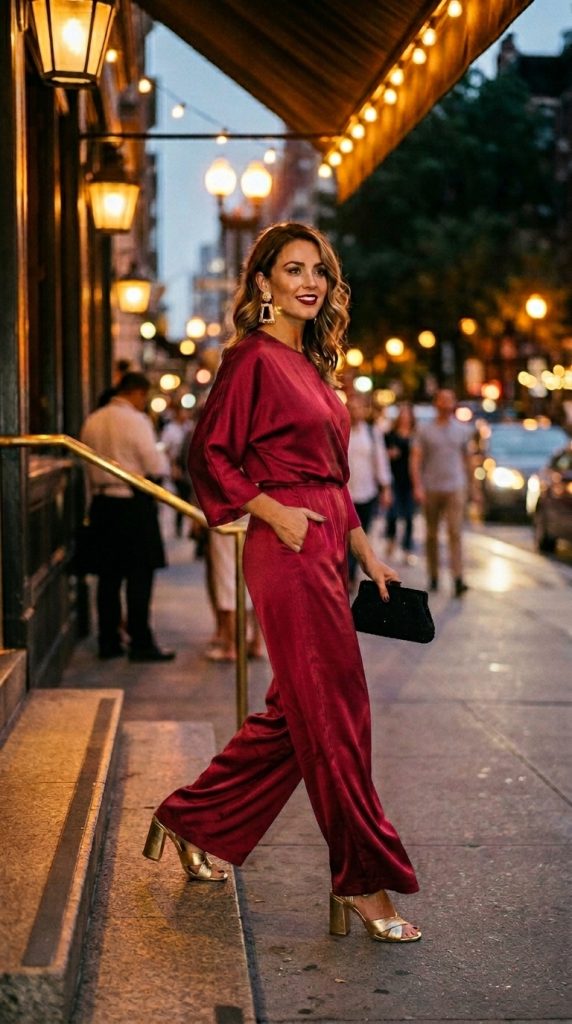 Woman walking down a city street at night wearing a deep burgundy satin wide-leg jumpsuit styled with gold block heels and statement earrings.