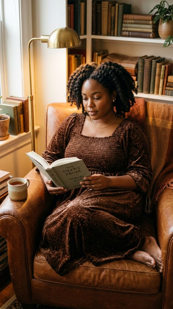 Woman sitting curled up in a leather armchair reading a book, wearing a comfortable, textured chocolate brown dress that provides gentle, contained comfort for reflective PMOS days