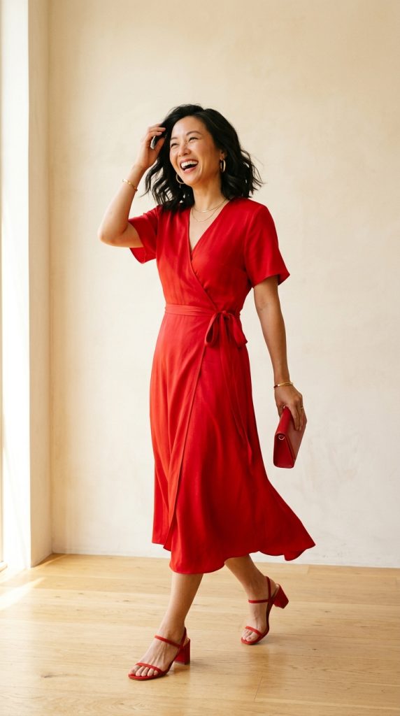 Joyful, laughing woman walking in a vibrant true red short-sleeve midi wrap dress paired with matching red sandals, channeling color therapy to celebrate a rare high-energy day while managing PMOS