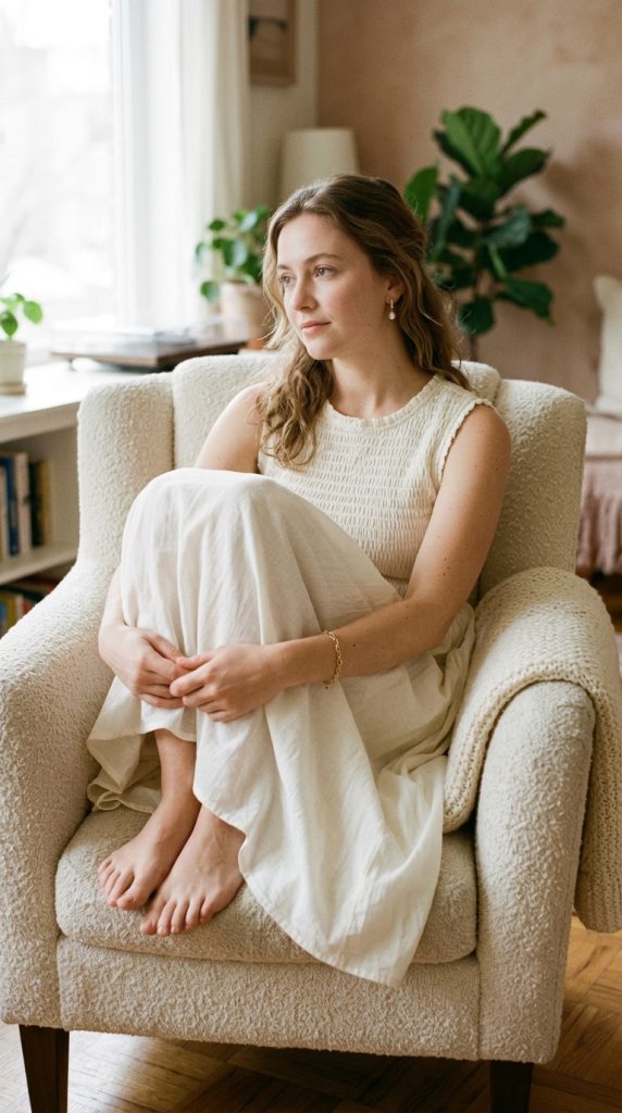 Woman sitting curled up in a plush armchair looking contemplative, wearing a soft, warm cream sleeveless dress that offers non-restrictive comfort when feeling overwhelmed by PMOS.