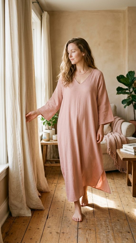 Woman standing by a window in a cozy room, wearing a loose, flowing blush rose caftan dress, utilizing soft color therapy to create a gentle, calming environment for PMOS anxiety