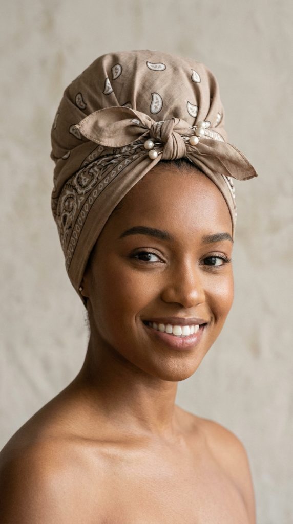 Smiling woman modeling a tan paisley bandana wrapped over her hair into a mini turban style, secured at the front knot with decorative pearl pins.