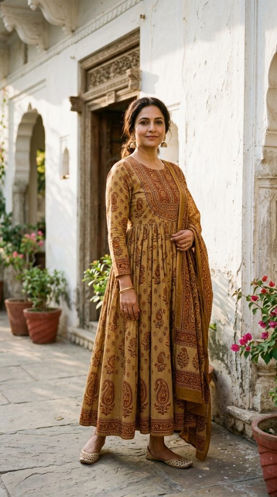 Woman standing in a courtyard wearing a relaxed-fit ochre block-print Anarkali suit, using golden yellow color therapy to combat low energy and PMOS brain fog