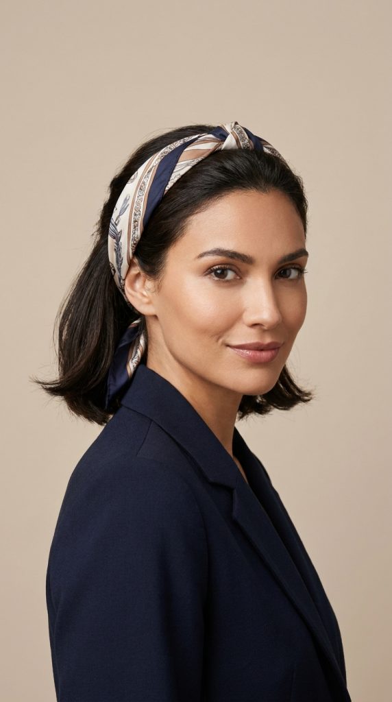 Woman wearing a patterned bandana as a headband to sweep her dark, shoulder-length bob back from her face for a polished look.