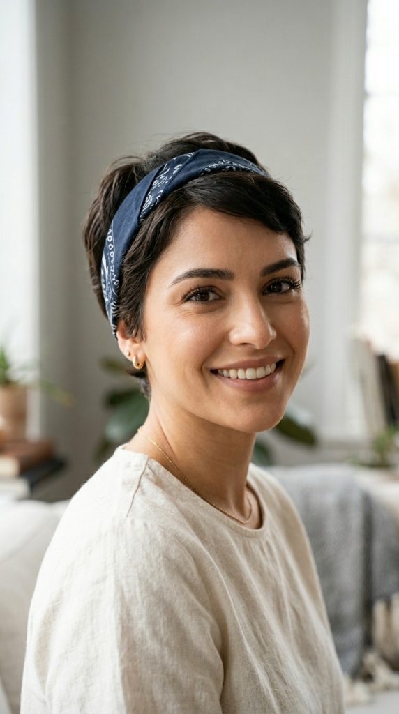 Smiling woman with a dark short pixie cut wearing a folded navy blue bandana styled as a classic headband.