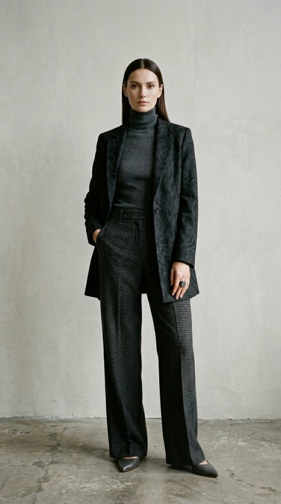Woman standing confidently but quietly in a minimalist tailored charcoal suit layered over a dark grey turtleneck, showcasing a professional yet contained style for managing PMOS symptoms