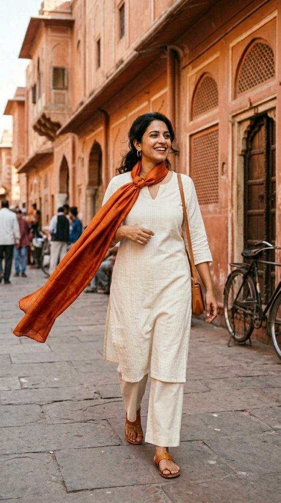Smiling woman walking outdoors in a loose white kurta set paired with a vibrant burnt orange dupatta, utilizing warm color therapy to overcome PMOS fatigue and feel energized