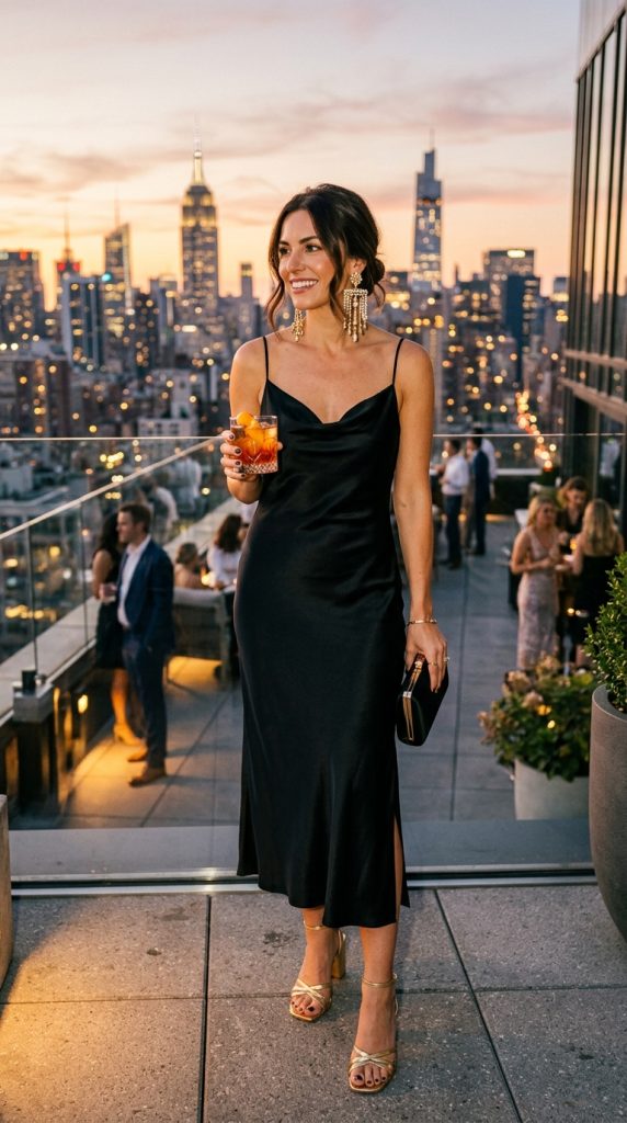 Woman standing on a city rooftop at sunset holding a cocktail, wearing a sleek black satin midi slip dress and gold strappy heels.