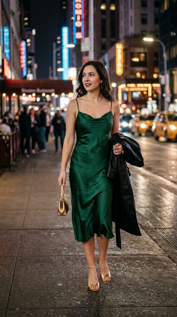 Woman walking in the city at night wearing an emerald green satin midi slip dress, carrying a black leather jacket and a small gold handbag.