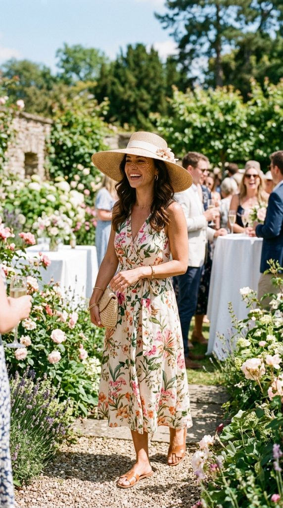 Woman smiling at a daytime garden party wearing a light-colored floral midi dress and a wide-brimmed straw sun hat adorned with a flower.