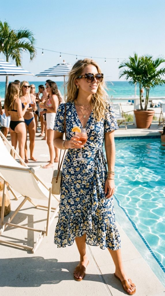 Woman at a sunny pool party wearing a blue and yellow floral wrap midi dress, styled with sleek tortoiseshell sunglasses and a round rattan bag.